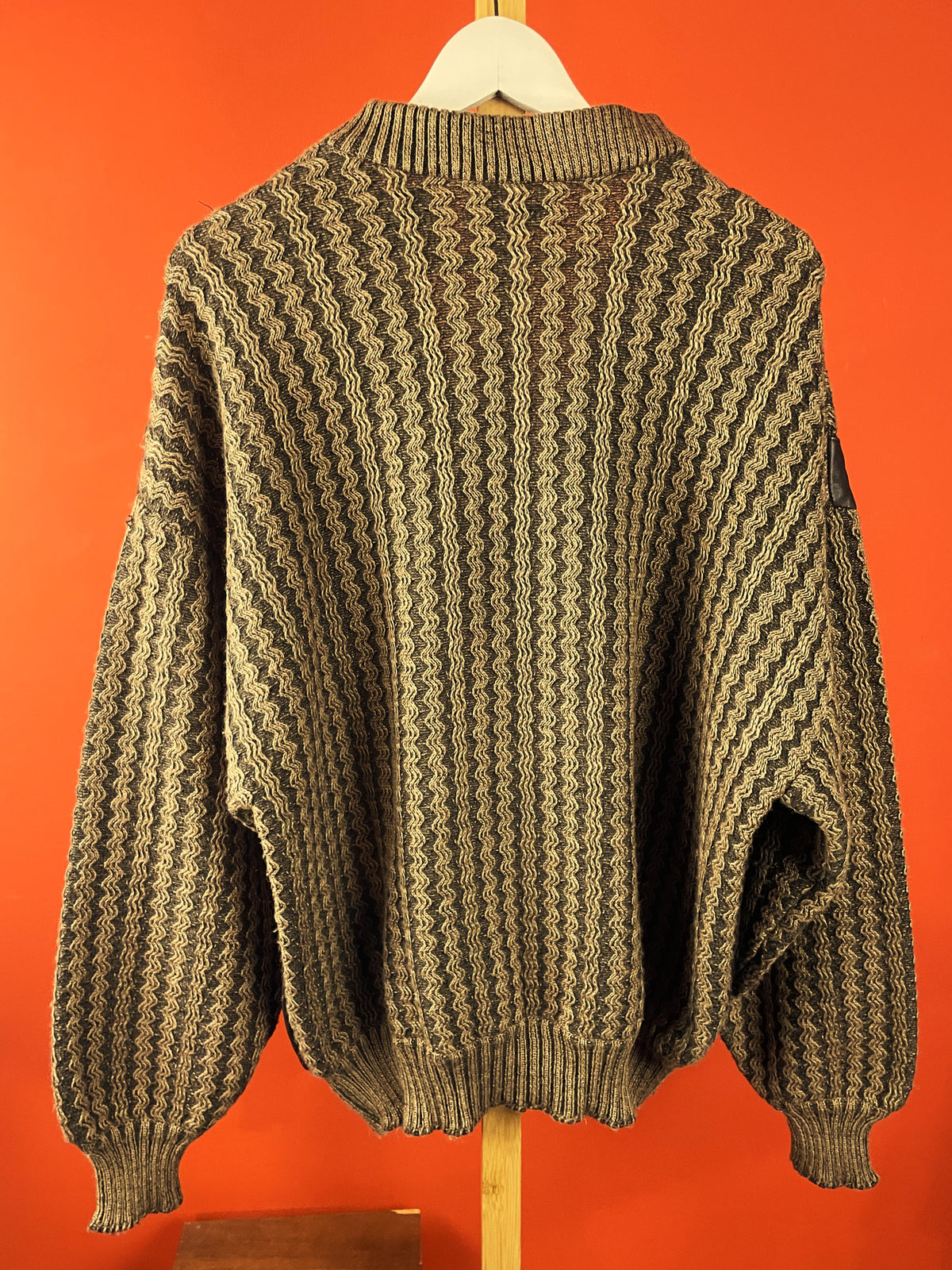 UNIQUE ITEM: Vintage, Πλεκτή Ανδρική Μπλούζα / Πουλόβερ με Δέρμα σε Καφέ χρώμα (Oversized S - Άνετο M)