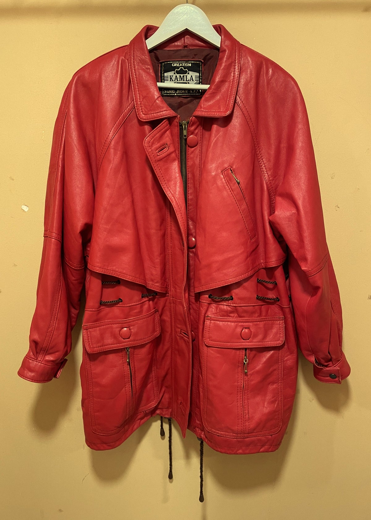 UNIQUE ITEM : Vintage, Δερμάτινο Γυναικείο Μπουφάν KAMLA CREATIONS σε Κόκκινο χρώμα (Άνετο L-XL)