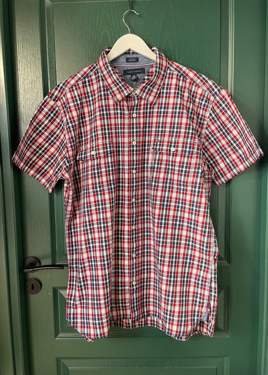 Stock, Καρό, Κοντομάνικο Ανδρικό Πουκάμισο TOMMY HILFIGER σε Κόκκινο - Μπλε χρώμα (XL/2XL)