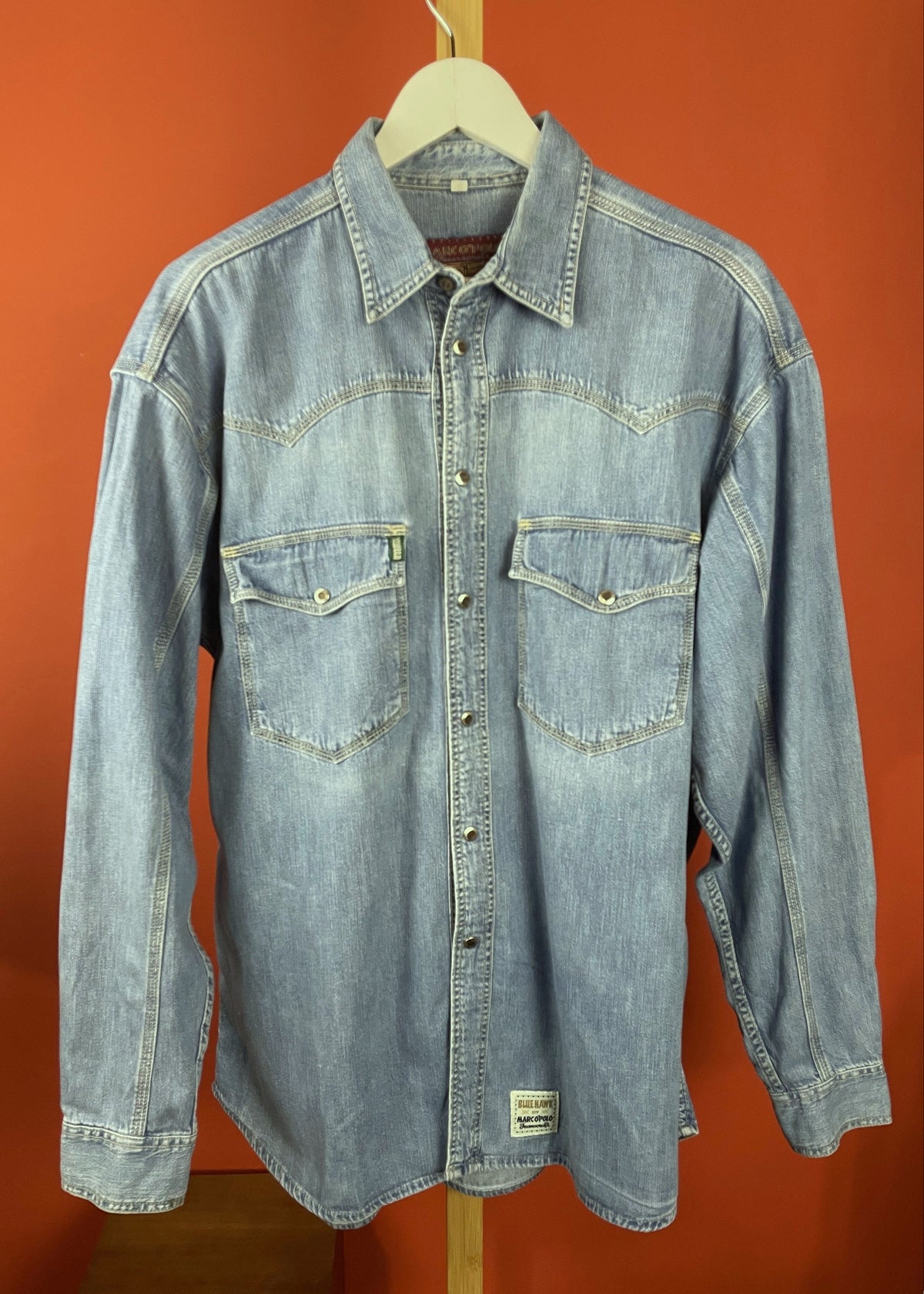 Vintage, Ανδρικό Τζιν Πουκάμισο MARC O' POLO Blue Hawk σε Σιέλ χρώμα (Άνετο M - Καλύπτει και L)