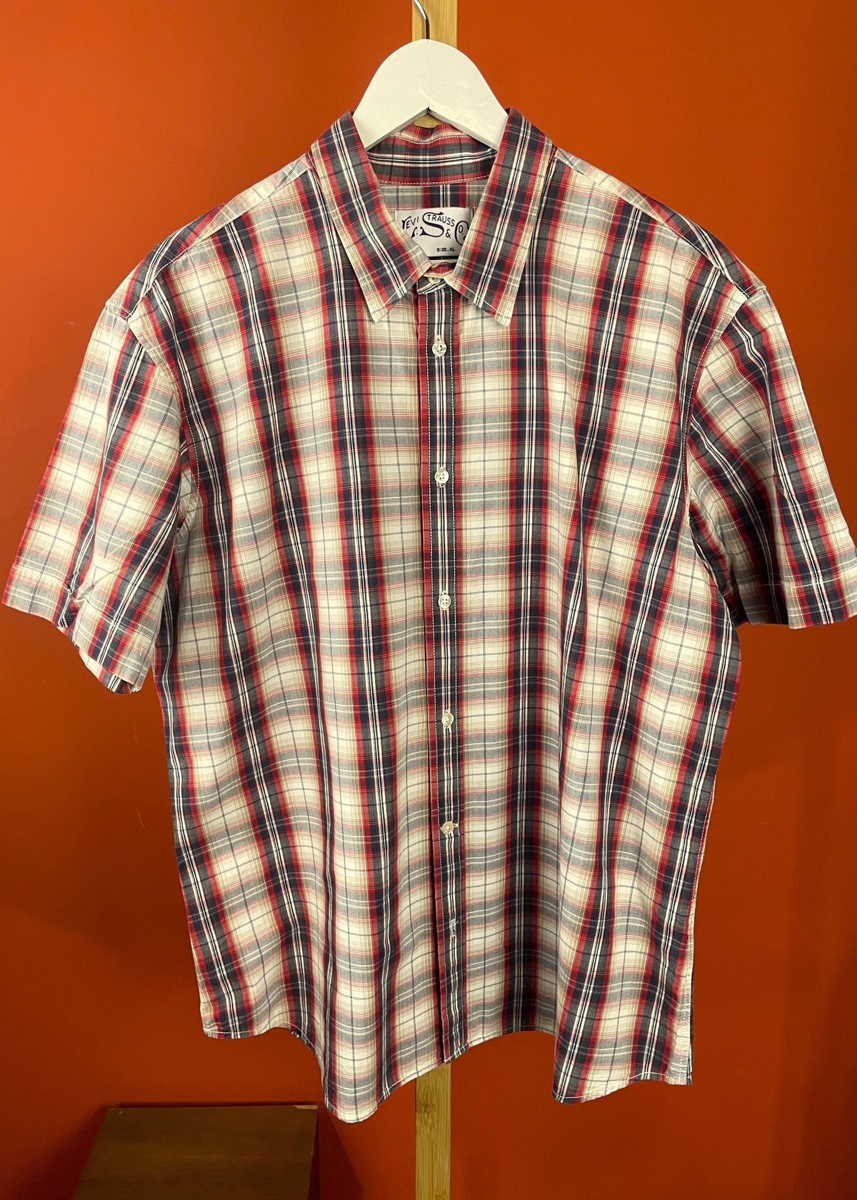 Vintage, Κοντομάνικο Ανδρικό Πουκάμισο LEVI'S με Κόκκινες - Σκούρο Μπλε Ρίγες (Large)