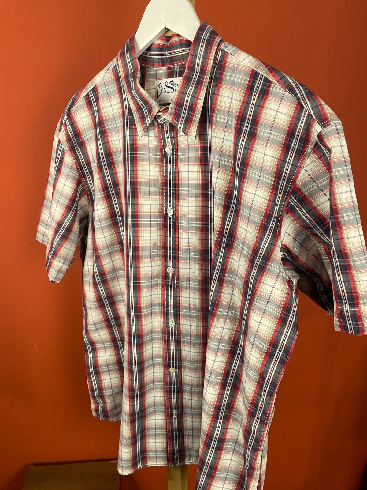 Vintage, Κοντομάνικο Ανδρικό Πουκάμισο LEVI'S με Κόκκινες - Σκούρο Μπλε Ρίγες (Large)